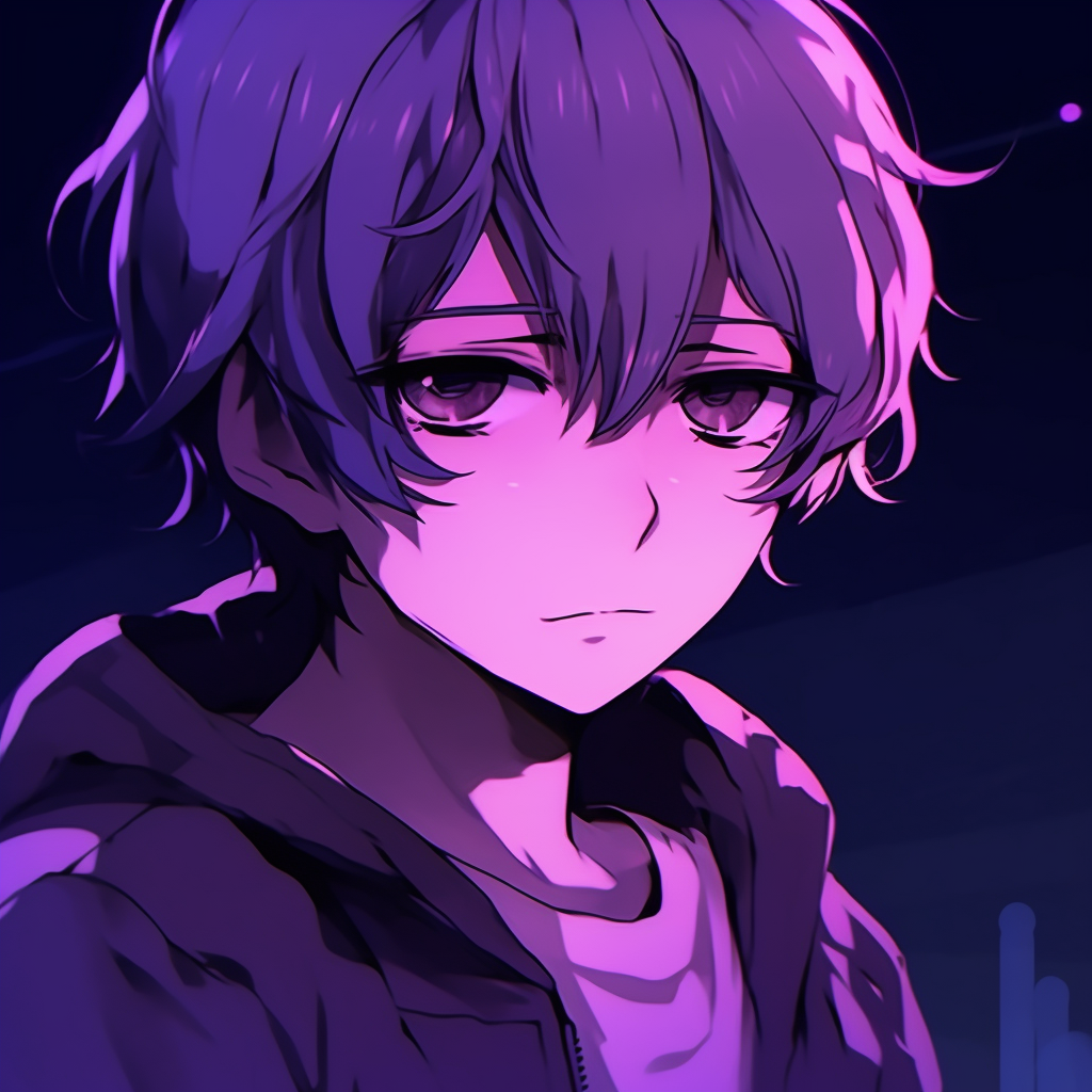 Profile picture featuring a purple-haired anime boy against a twilight backdrop, bringing out the vibrant shades in his hair. stunning purple anime pfp boys