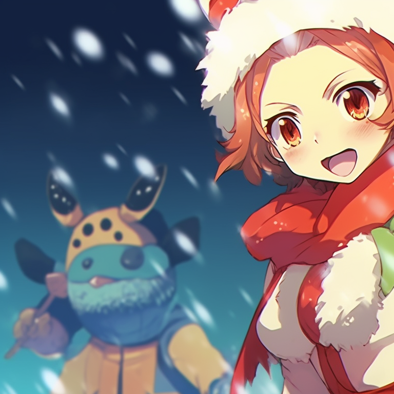 Two characters locked in a friendly snowball fight, garbed in winter clothes, using playful expressions under a snowy sky. holiday demon slayer pfps pfp for discord.