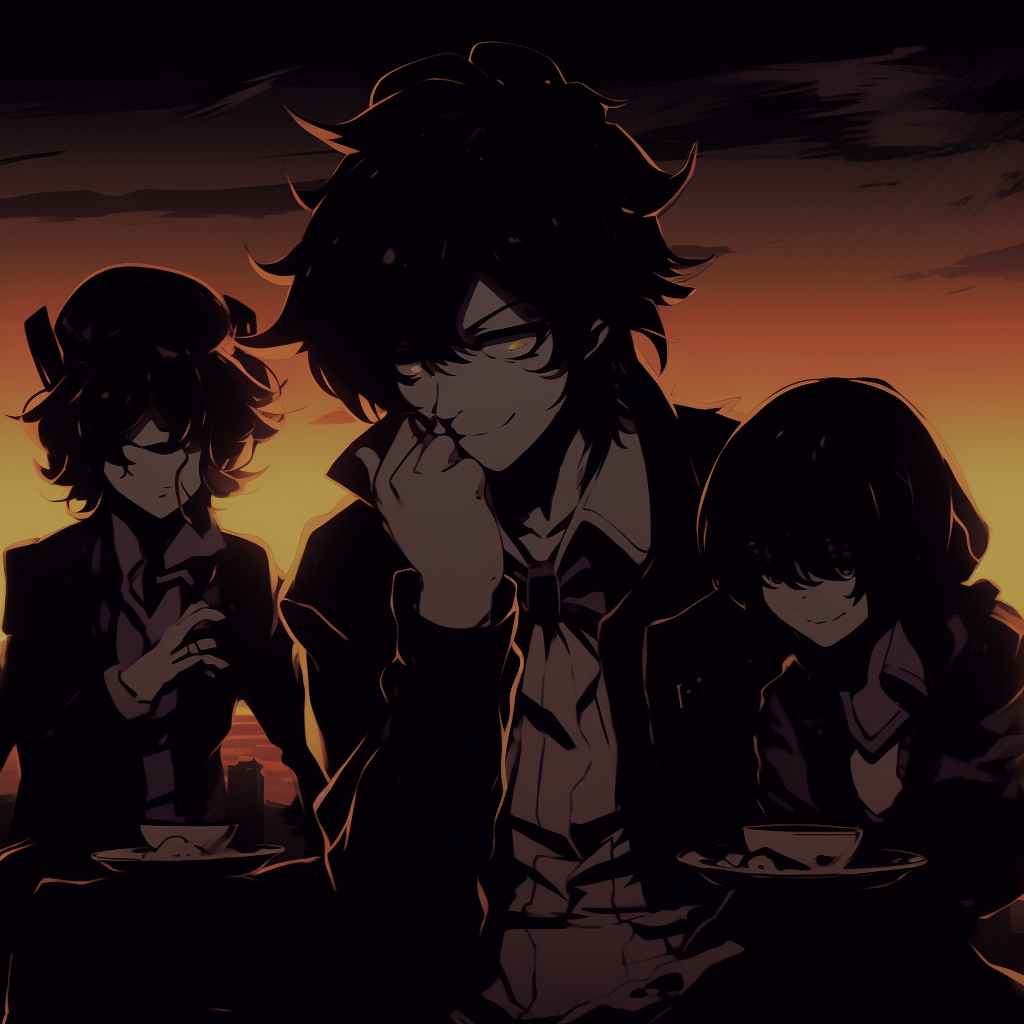 The Cowboy Bebop crew in a dusk light setting, incorporating a retro art style with dimmed, rich colors. powerful anime pfp dark pfp for discord.
