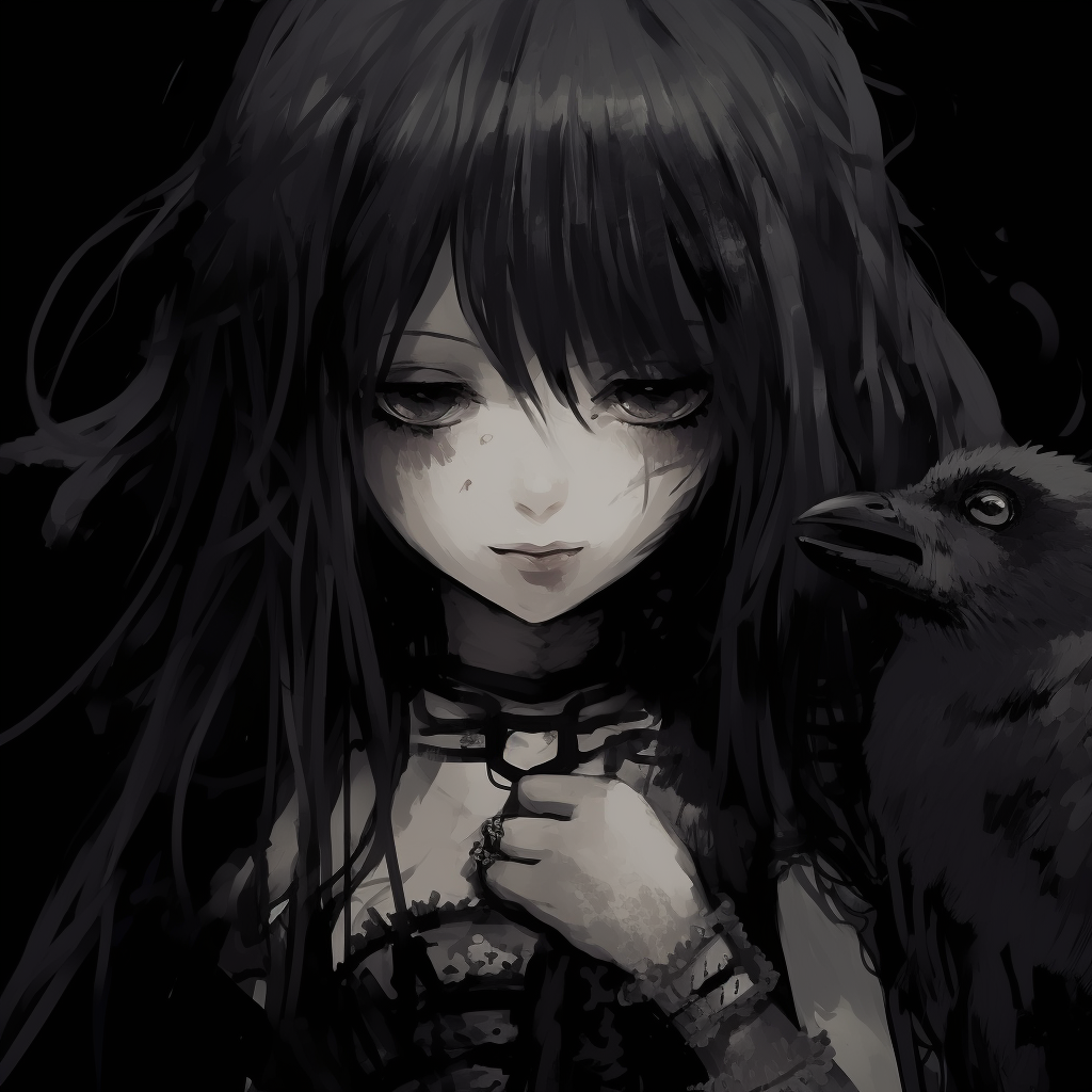 Gothic anime girl shown with a raven companion, highlighting elements of dark elegance. majestic gothic anime girl pfp