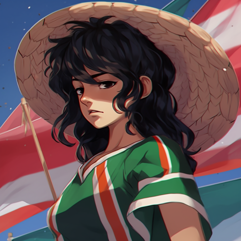 Mexican folklore-inspired anime, emphasized by traditional costumes and soft shading. beautiful mexican pfp girls pfp for discord.