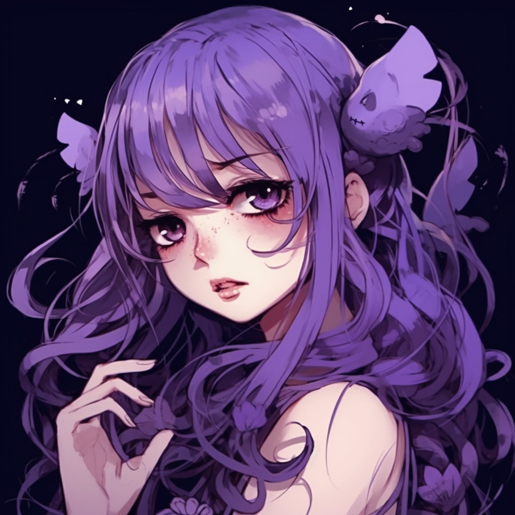 Portraying a female anime character with luscious purple hair, adorned with an intricate hair accessory. The image has a soft color palette and detailed line work. anime purple pfp masterpieces pfp for discord.