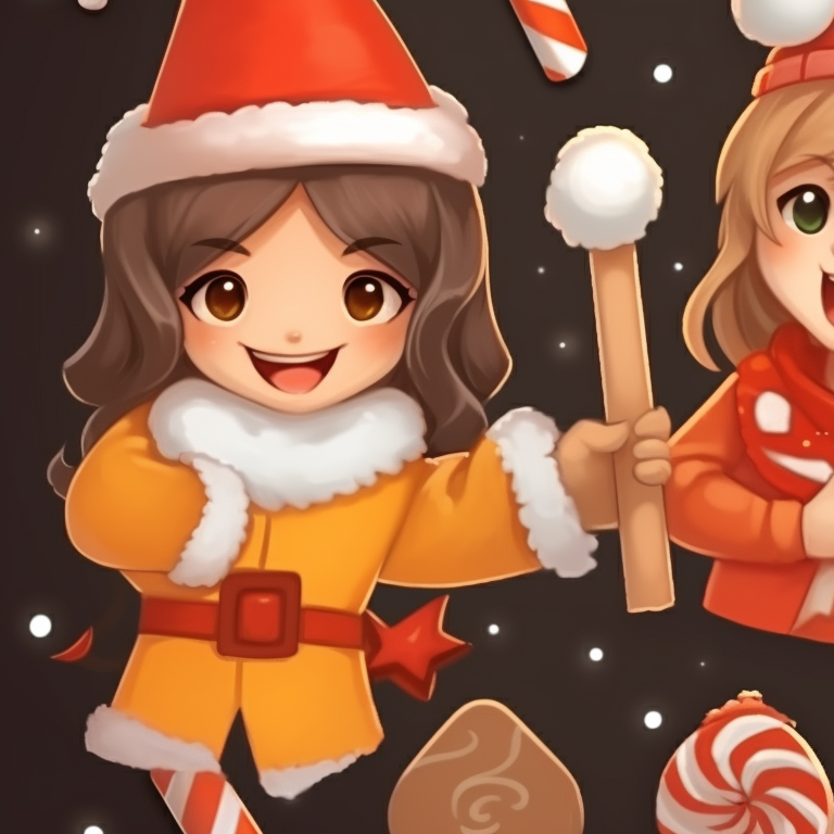 Two characters laughing, the warmth of Christmas evident in their candy corn color scheme. candy corn styled matching christmas pfp pfp for discord.