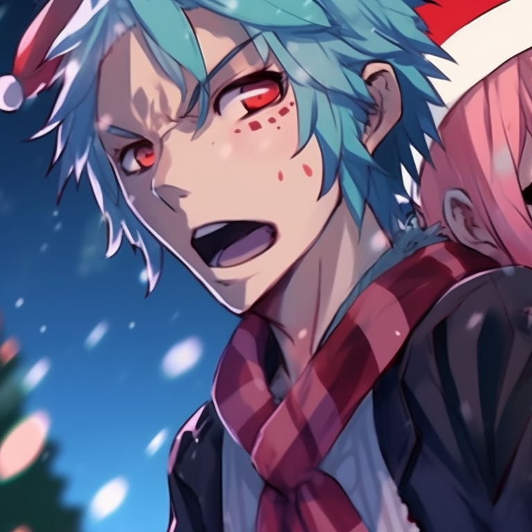 Two characters in punk-inspired outfits, sporting tattoos and piercing, locked in playful combat amidst descending snowflakes. Strong colors and sharp lines highlight their rebellious spirit. xmas punk aesthetic matching christmas pfps pfp for discord.