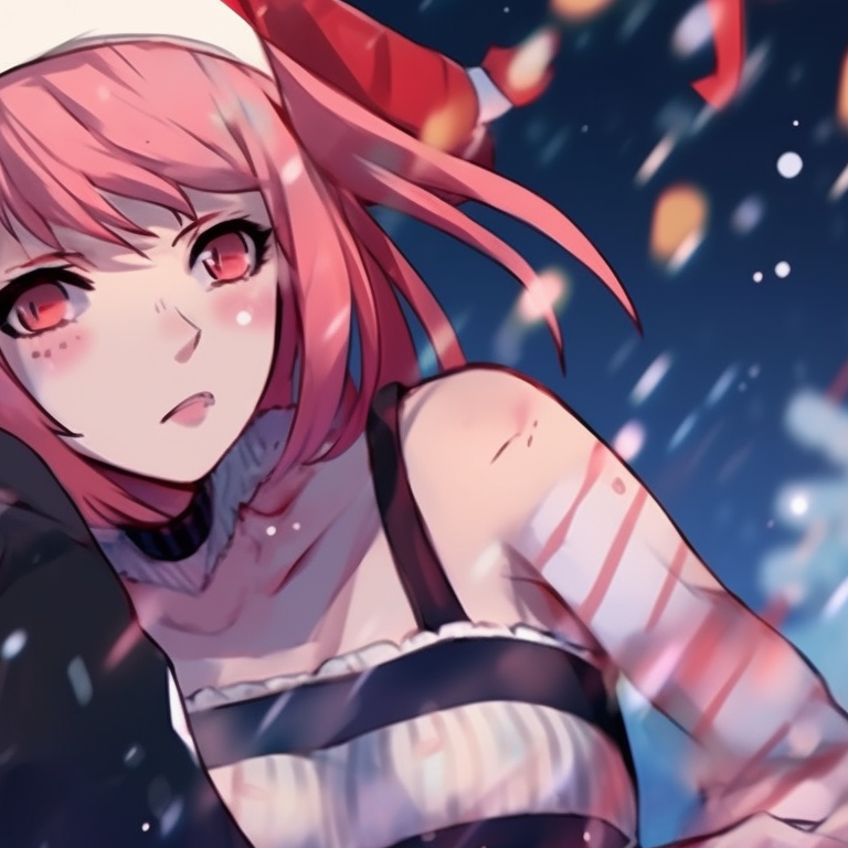 Two characters in punk-inspired outfits, sporting tattoos and piercing, locked in playful combat amidst descending snowflakes. Strong colors and sharp lines highlight their rebellious spirit. xmas punk aesthetic matching christmas pfps pfp for discord.