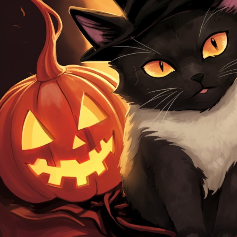 Two cat characters in the midst of Halloween night, warm colors with detailed shading. matching halloween theme cat pfp pfp for discord.