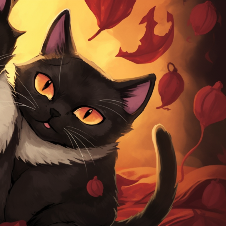 Two cat characters in the midst of Halloween night, warm colors with detailed shading. matching halloween theme cat pfp pfp for discord.