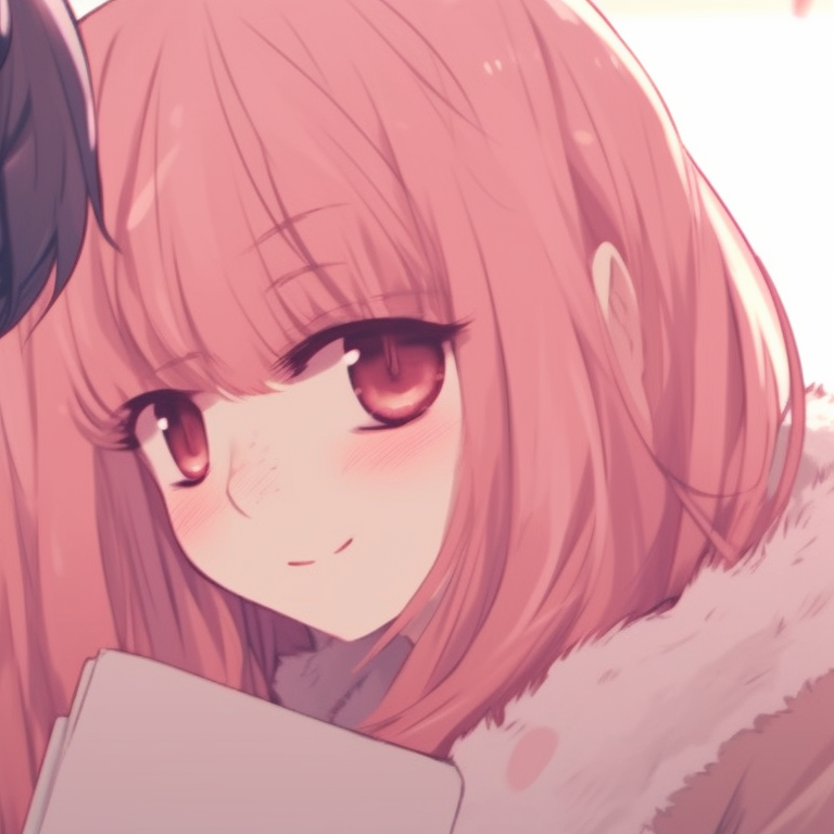 Two anime characters, pastel-pink hues and peaceful expressions, sharing a scarf. anime aesthetic matching pfp couple pfp for discord.