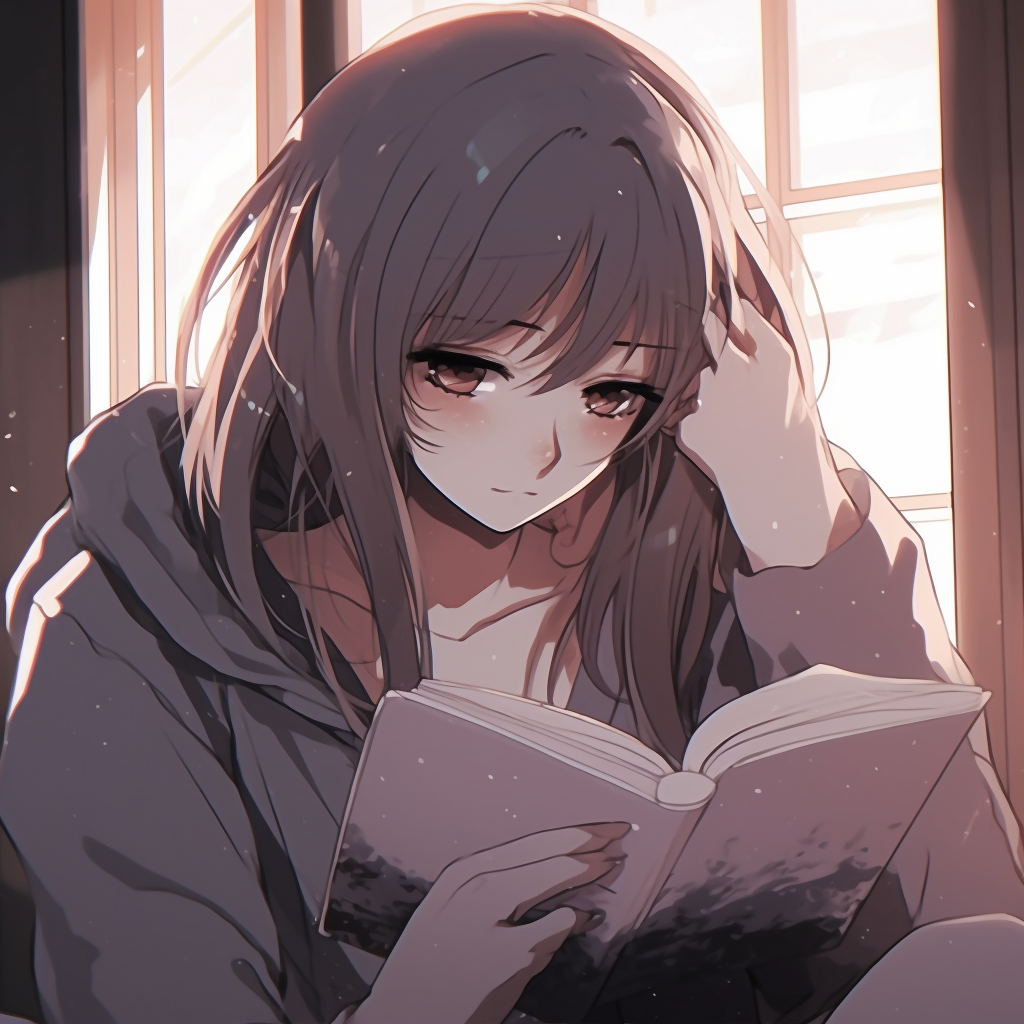 Anime girl engrossed in a book, muted pastel shades and fine linework depressed anime girl pfp aesthetic art pfp for discord.