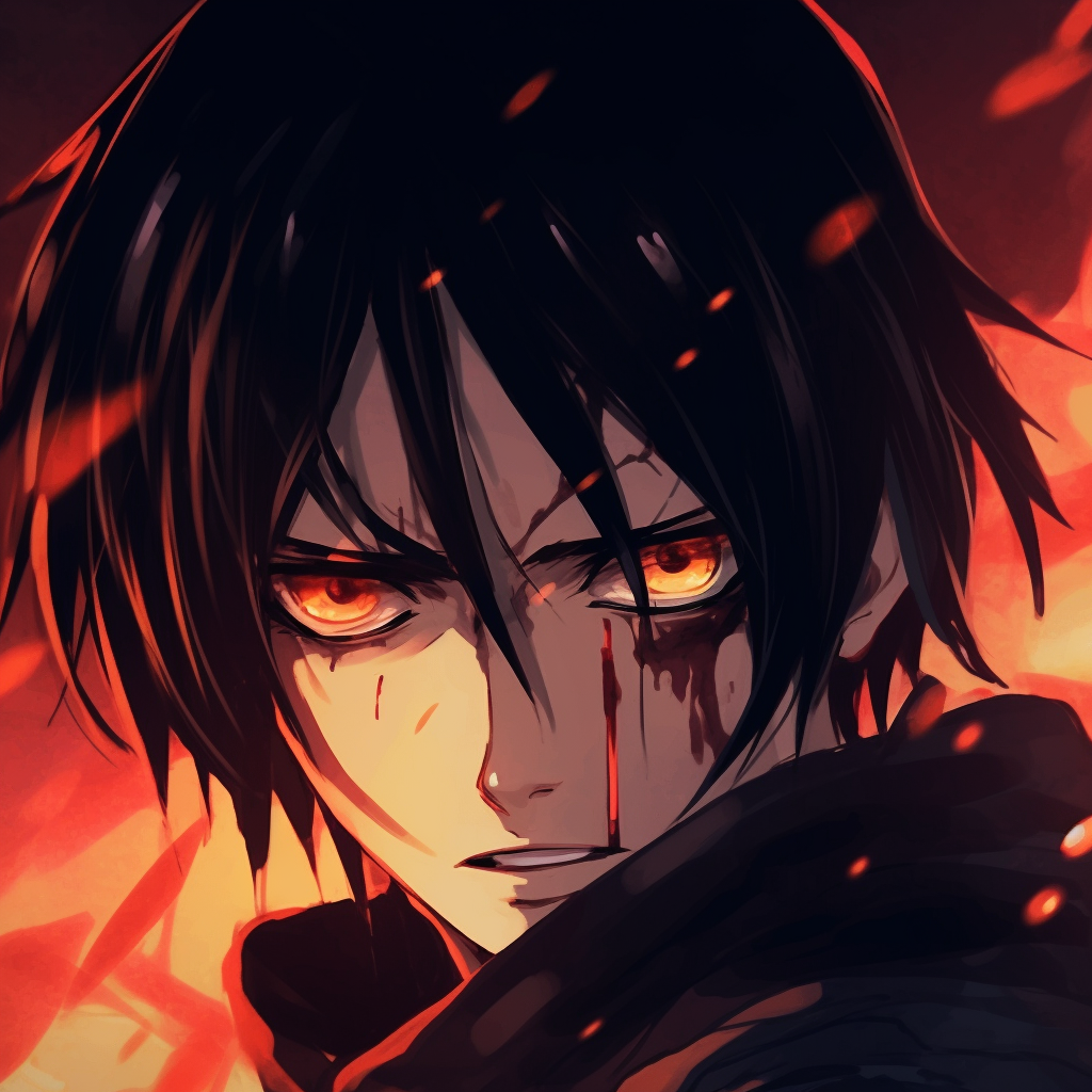 Image of Eren surrounded by fire, the orange and red contrast highlighting his features. male fire anime pfp