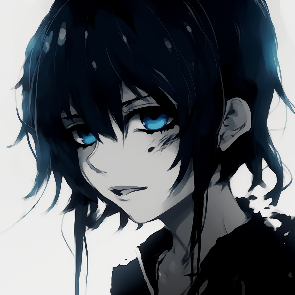 Shadowy emo anime profile showcasing intricate linework and intense, brooding eyes. colored emo anime pfp