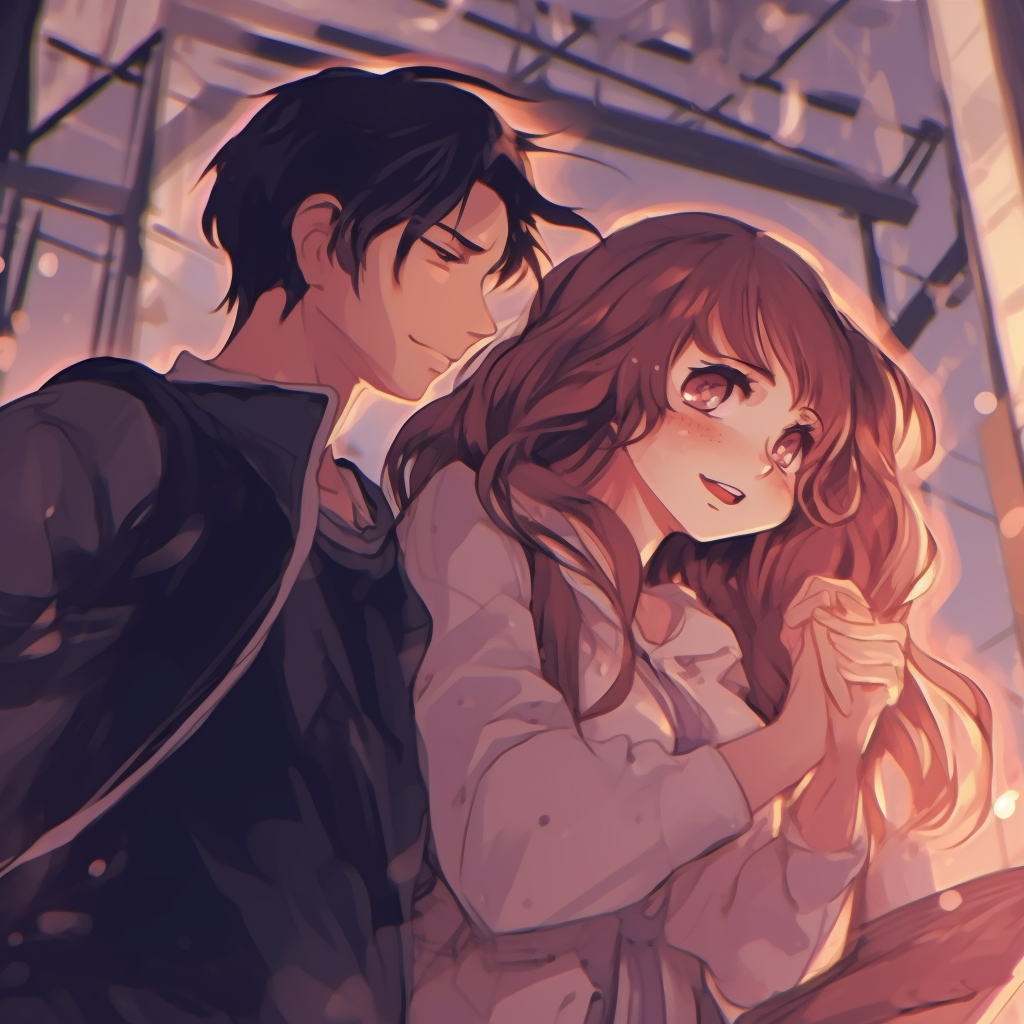 Profile view of an adventurous anime couple, exploring the character designs and intricate costumes. adventurous anime matching pfp couple