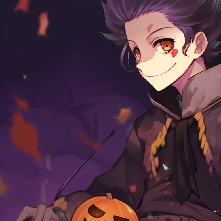 Tanjiro and Kanao, casual Halloween theme, carved pumpkins, soft lighting. tanjiro x kanao with halloween theme pfp pfp for discord.