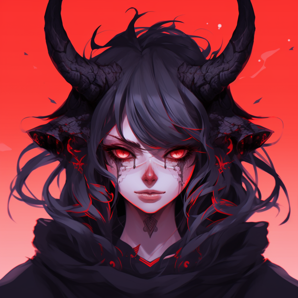 Anime character with demon horns, black hair and sinister smile, detailed linework and vibrant red colors. female demon anime pfp pfp for discord.
