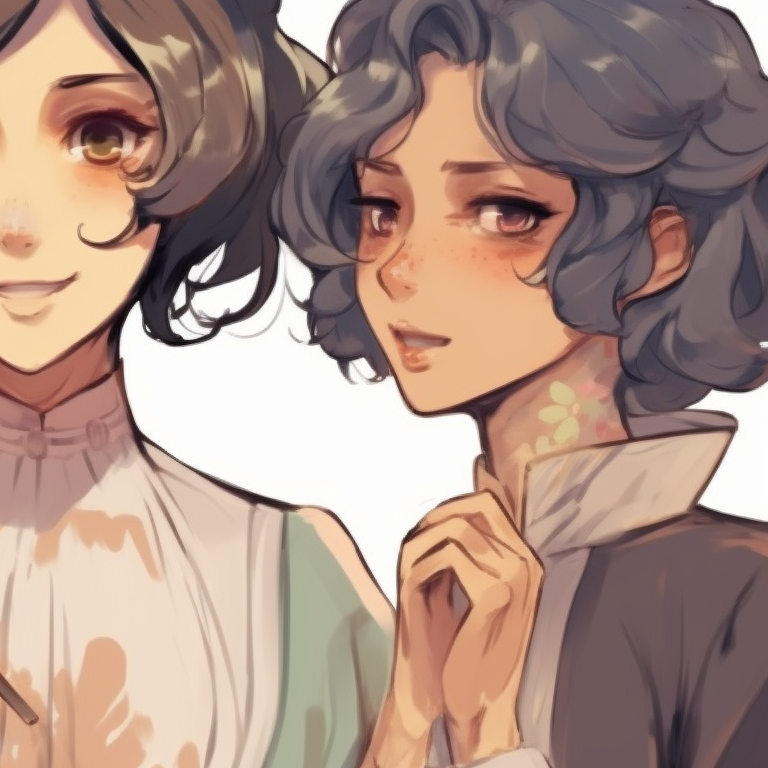 Three characters in vintage clothing, soft colors and delicate details, standing side-by-side. classic matching trio pfp pfp for discord.