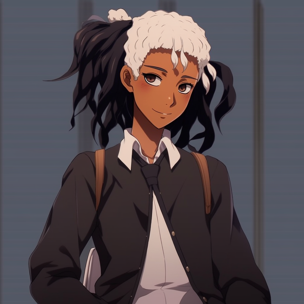Black anime character within a landscape scene, sharp features and soft background. creative black anime girl characters pfp