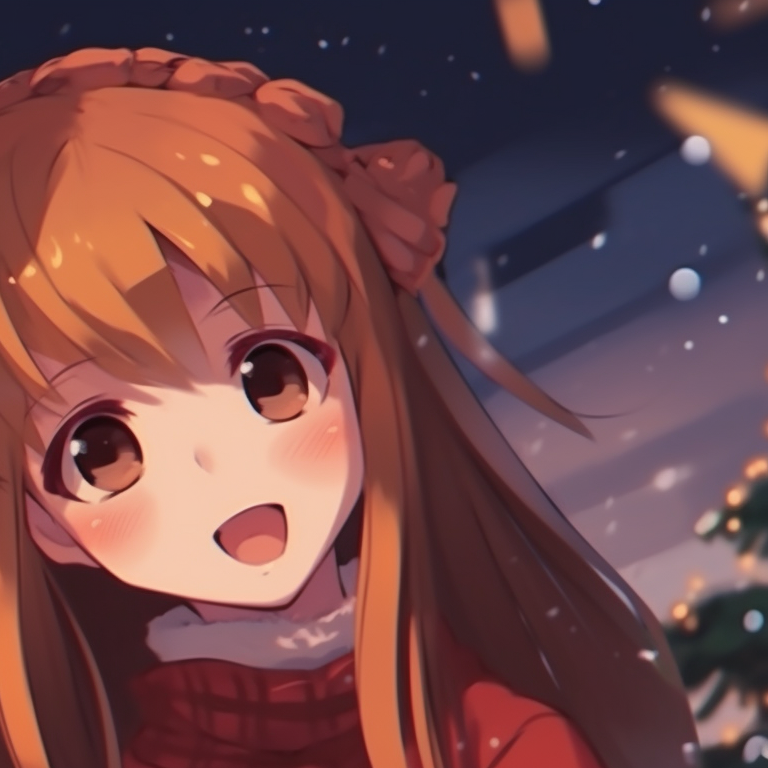 Two characters, cast under an orange-hued sky, donning Christmas attire, sharing a dreamy moment. orange christmas pfp variations pfp for discord.