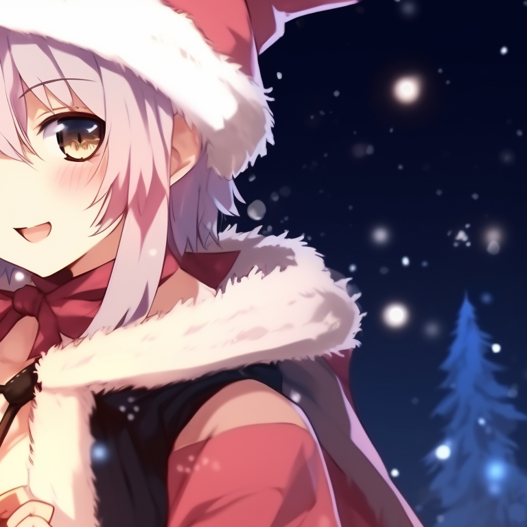 Astolfo and his partner, standing near a Christmas tree, matching outfits and confident smiles. astolfo themed christmas matching pfp pfp for discord.