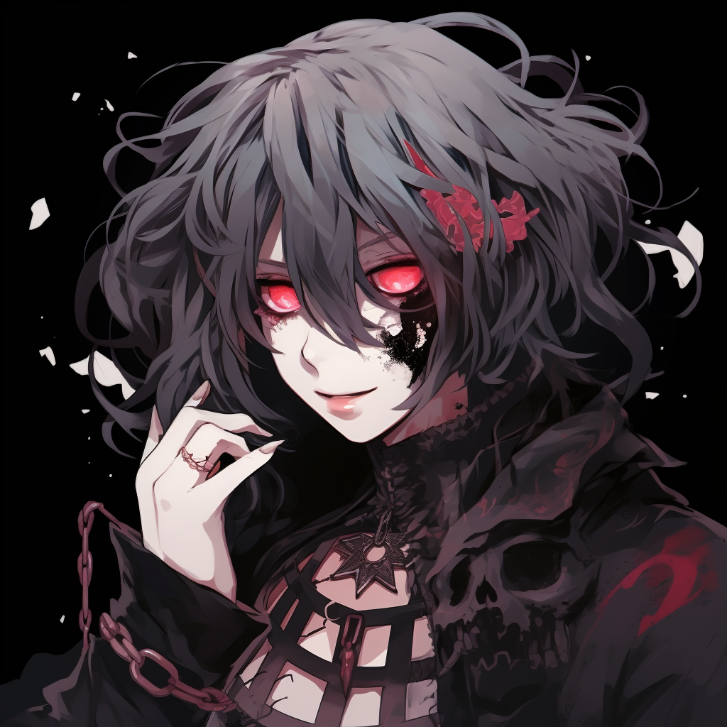 Close-up of a goth character's face from D.Gray-man, expressive eyes and detailed facial architecture. highlighted goth anime profile pictures