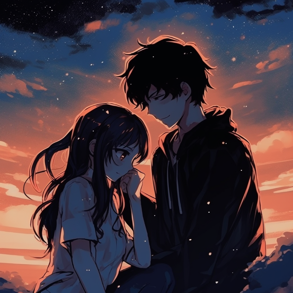 Anime couple under a luminous moon, soft lighting with romantic undertones. dramatic scenes couple anime matching pfp pfp for discord.