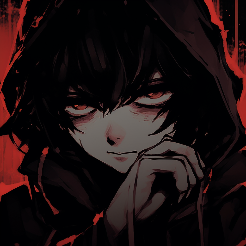 A brooding anime character shrouded in darkness, with sharp, detailed lines and deeply saturated colors. darkness anime pfp characters pfp for discord.