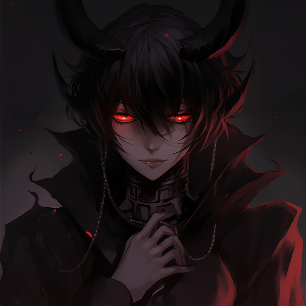 A menacing female demon character with crimson eyes and horn, dark undertones with sharp lines. unique demonic anime pfp pfp for discord.