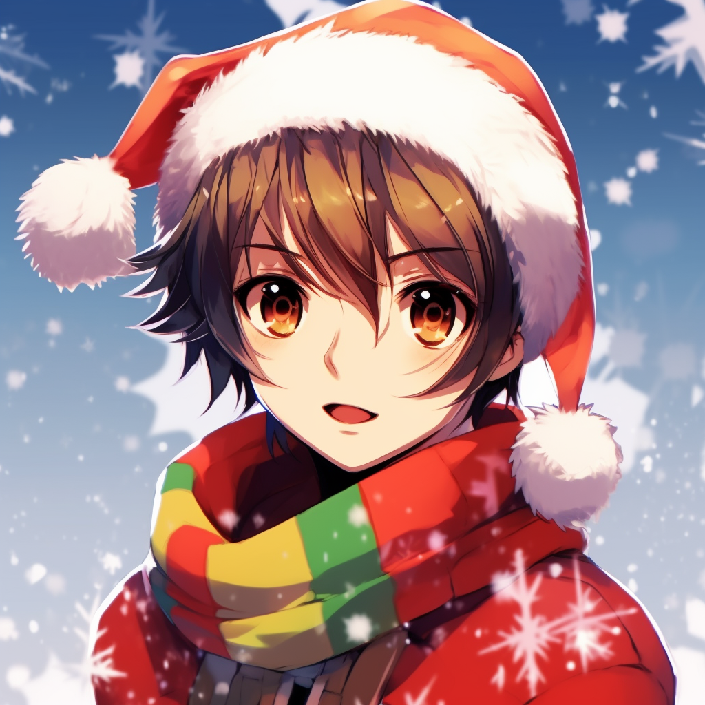 Anime boy in a festive Christmas outfit, detailed costume and vibrant colors anime boy christmas pfp