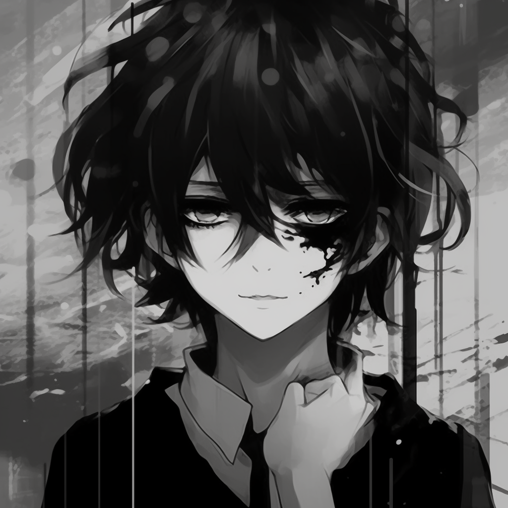Anime character in grayscale, accentuating the somber expression, heavy linework and detailed shading. black and white emo anime pfp
