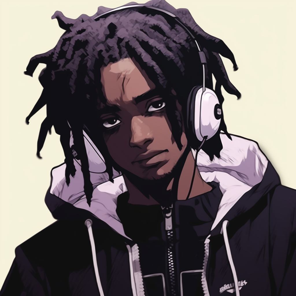 Anime art of Playboi Carti that fuses hip-hop culture with Eastern style, marked by bold line work and expressive gestures. playboi carti aesthetic anime pfp