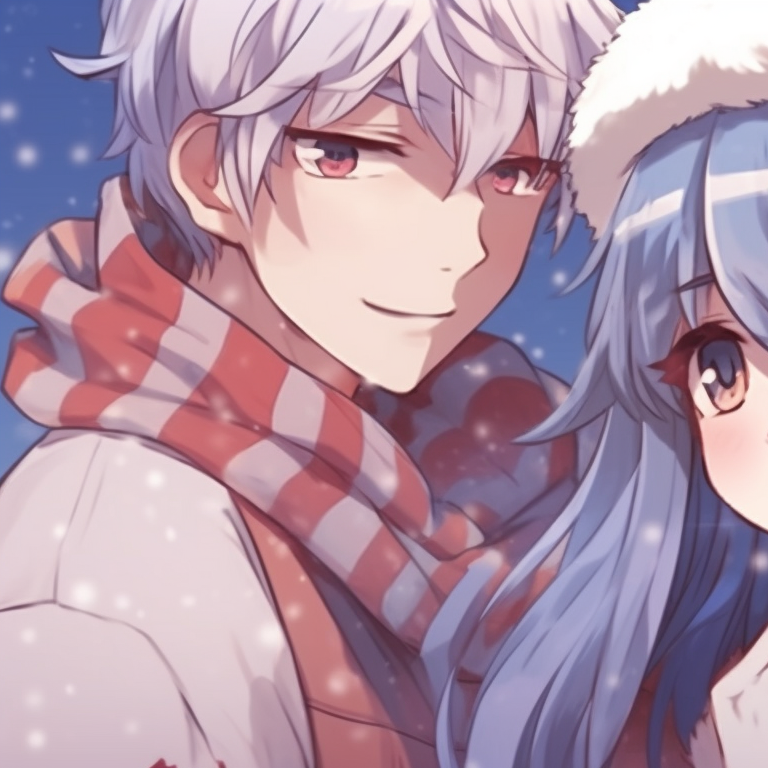 Two characters in festive outfits, bold colors and playful expressions, engaged in a friendly candy cane duel. aesthetic matching anime christmas pfp designs pfp for discord.