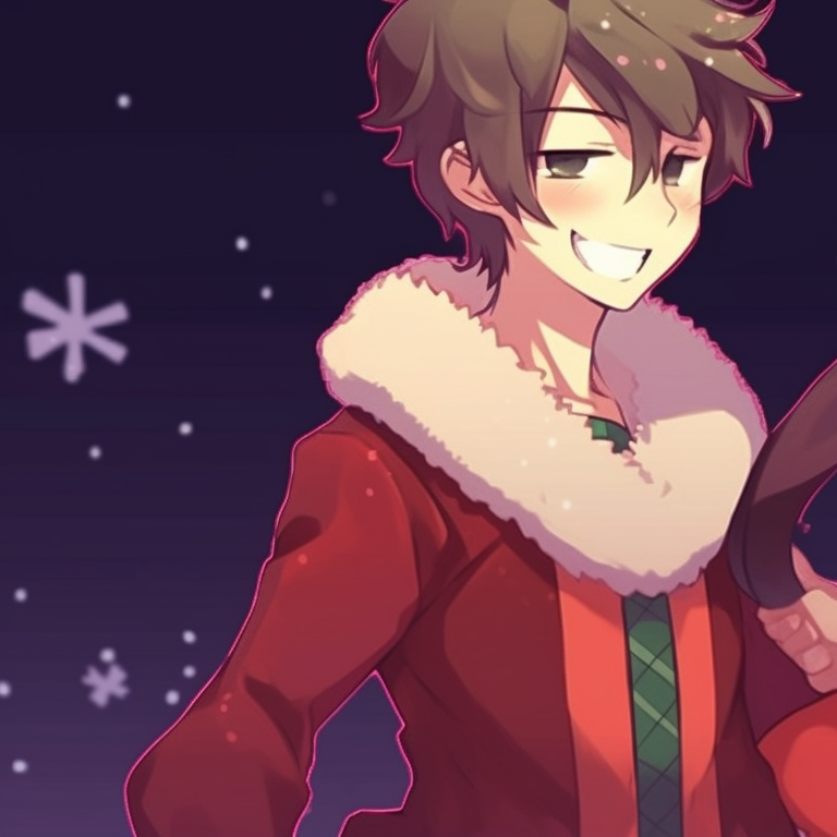Two characters exchanging gifts, pixel characters with vibrant colors against a picturesque snowy background. matching christmas pfp background for pixel art pfp for discord.