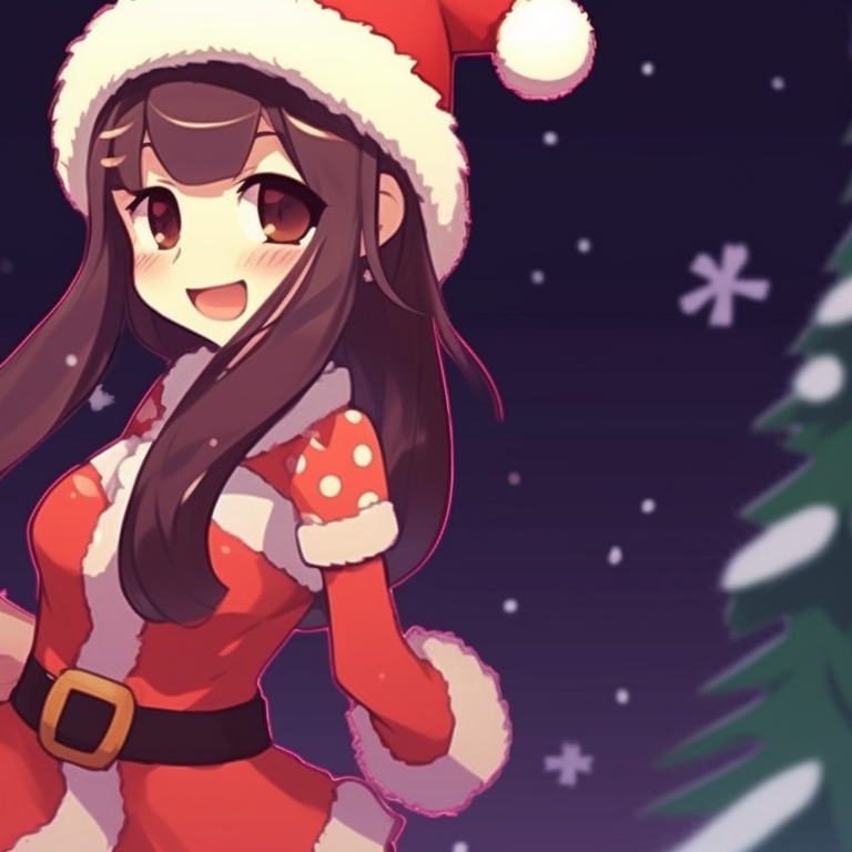 Two characters exchanging gifts, pixel characters with vibrant colors against a picturesque snowy background. matching christmas pfp background for pixel art pfp for discord.