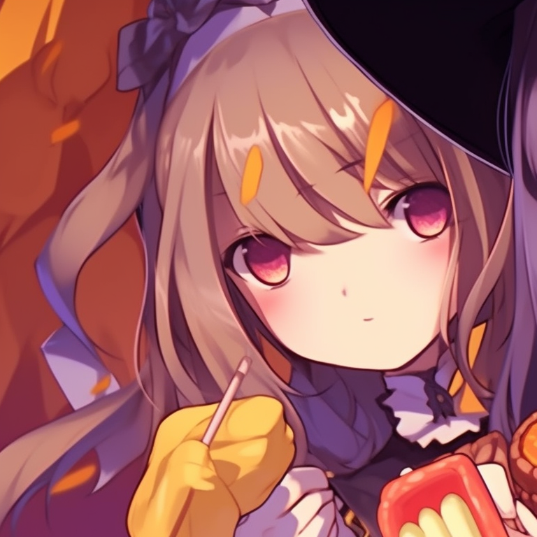 Close-up of two characters, intense eyes with distinctive Halloween makeup. details of anime couple halloween scene backdrop pfp for discord.