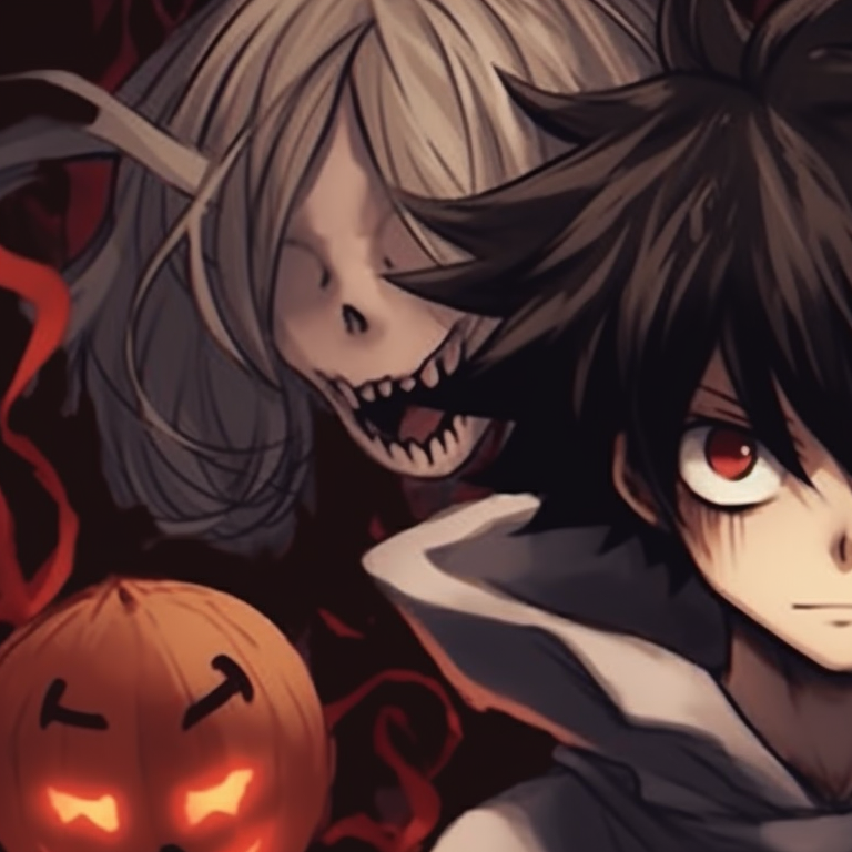 Two characters surrounded by a murky mist, a single flicker of light illuminating their secretive exchange. death note matching pfp halloween theme: spooky edition pfp for discord.