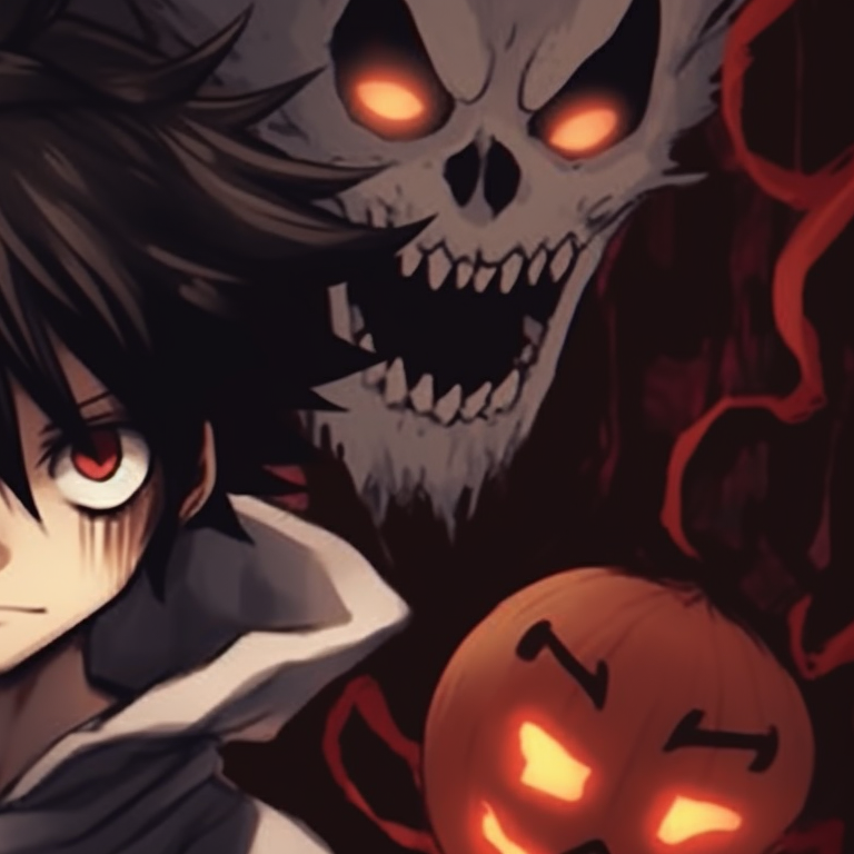 Two characters surrounded by a murky mist, a single flicker of light illuminating their secretive exchange. death note matching pfp halloween theme: spooky edition pfp for discord.