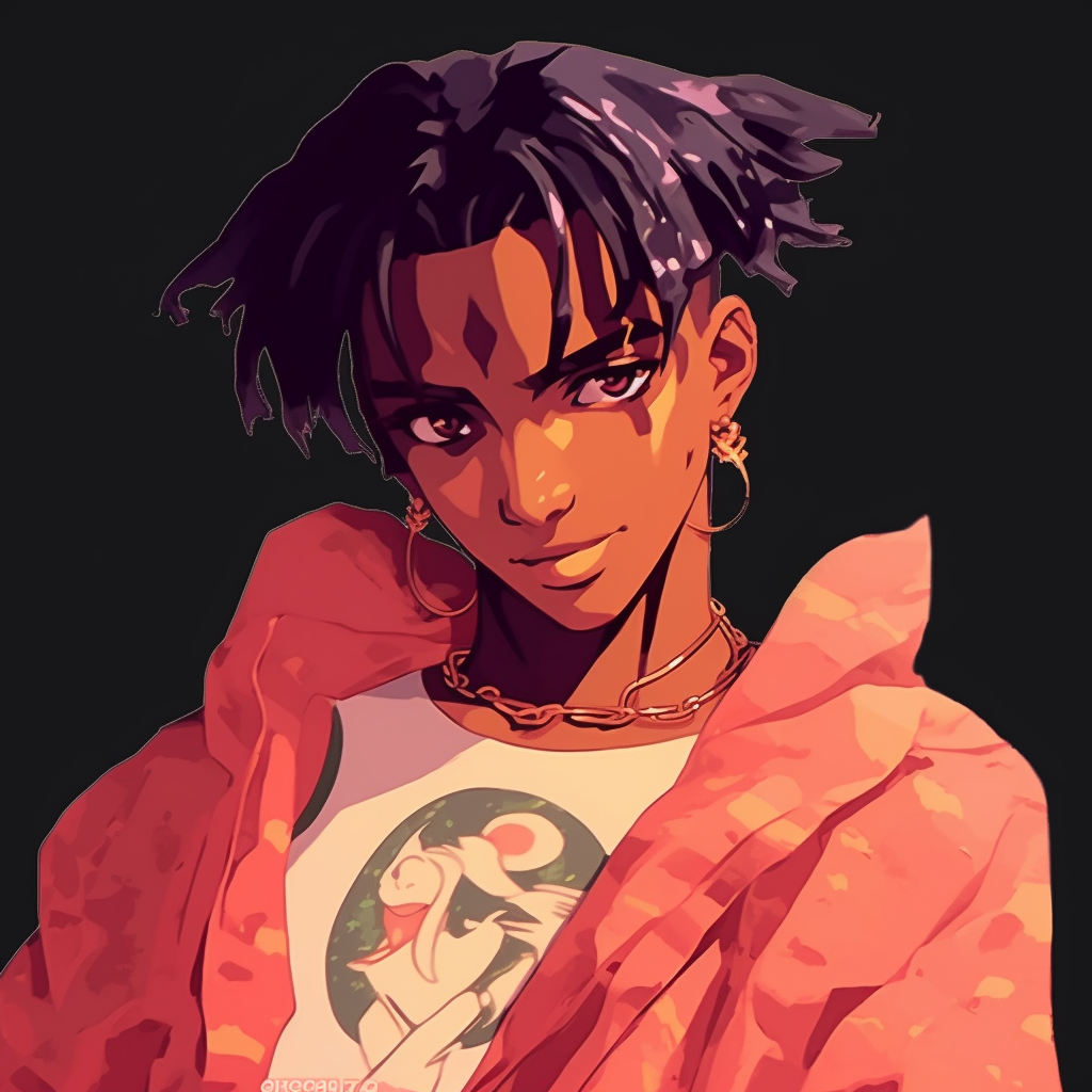 Carti in stylish anime streetwear, bold lines and detailed fabric textures. playboi carti in anime art style