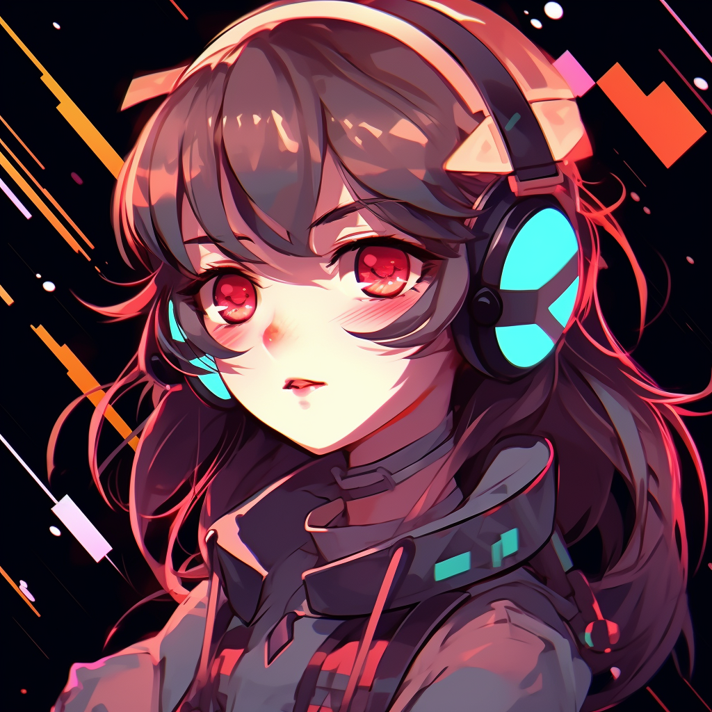 Close-up of a girl in goggles against a neon light backdrop, highly detailed and intricate linework. innovative girl anime pfp