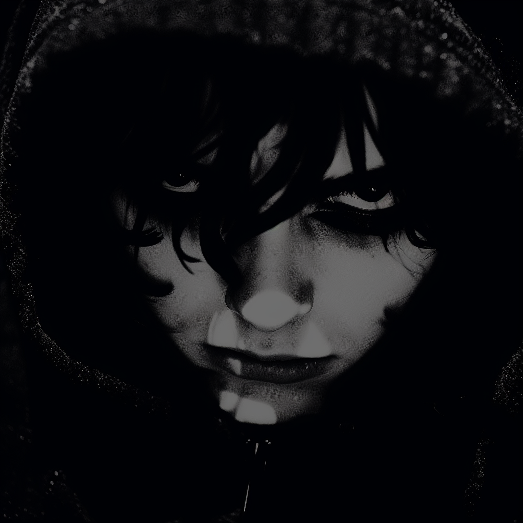 Image of a mysterious character is partitioned into black and white with a high contrast and a cryptic feel. cryptic dark aesthetic pfp pfp for discord.