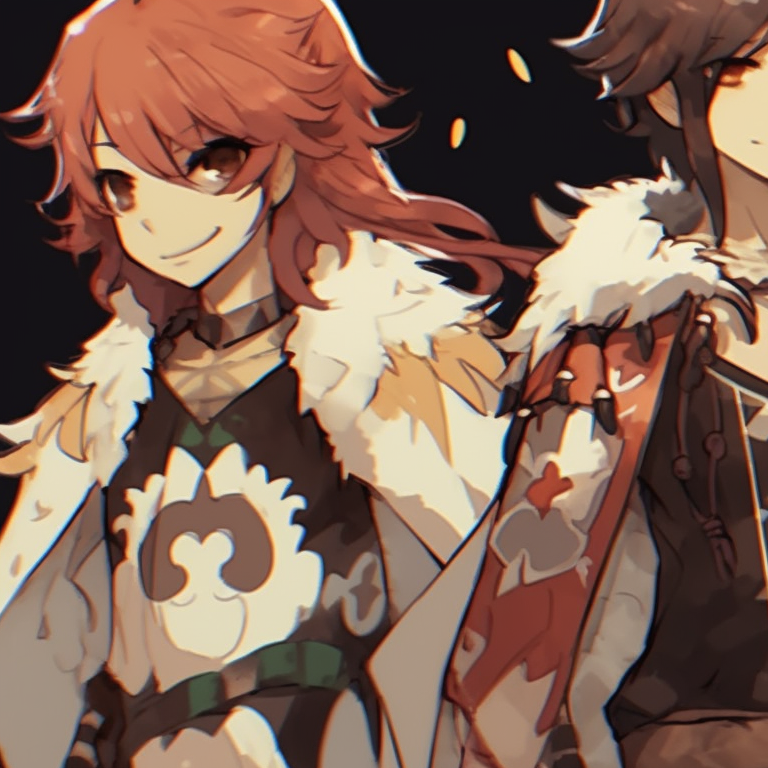 Three characters in mythical outfits, rich earthy tones and intricate designs, standing side-by-side. famous matching trio pfp characters pfp for discord.