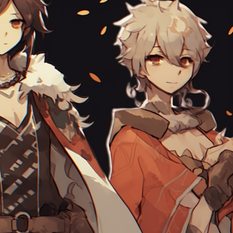 Three characters in mythical outfits, rich earthy tones and intricate designs, standing side-by-side. famous matching trio pfp characters pfp for discord.