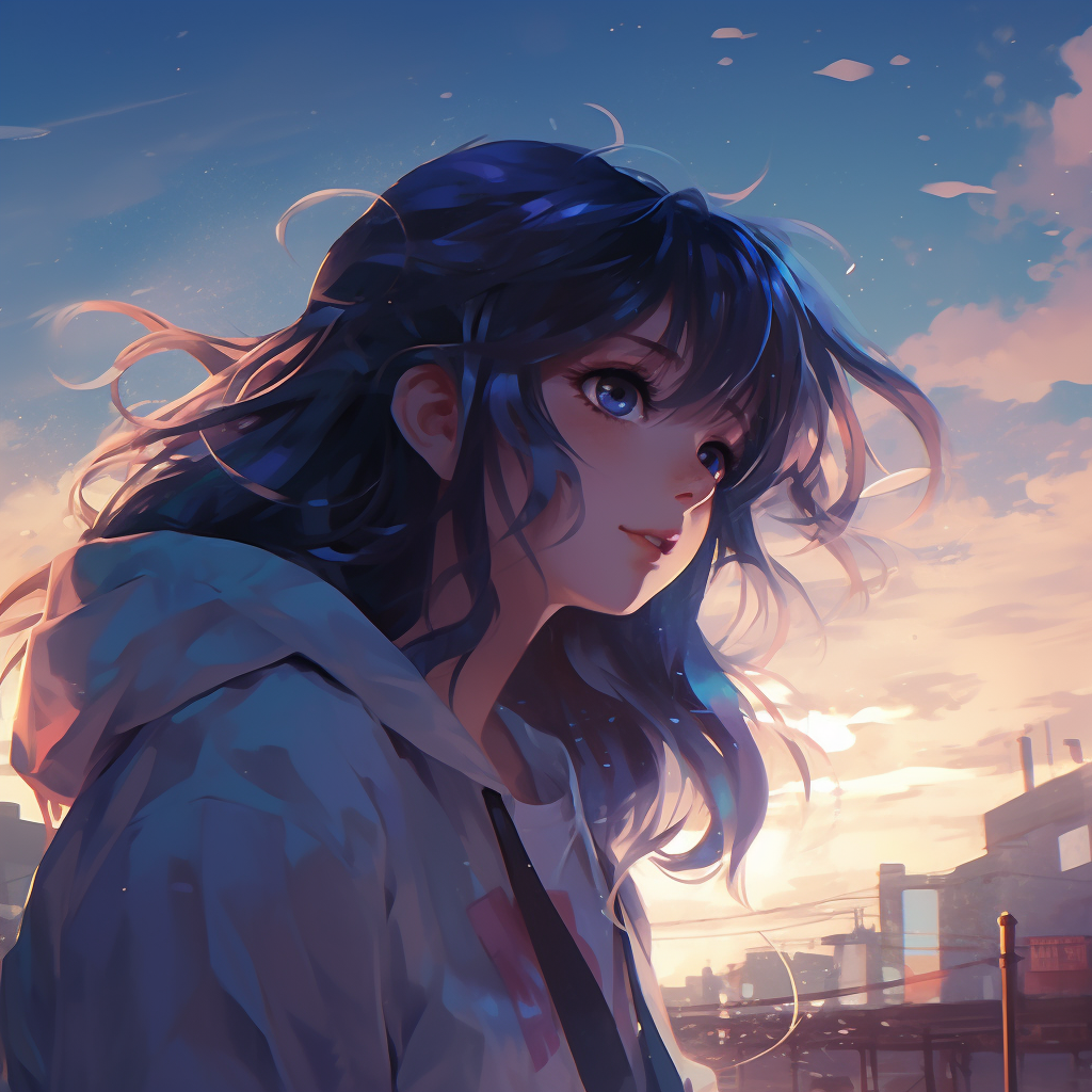Anime Girl profile captured during twilight, showcasing rich purples and blues. 4k anime girl profile picture