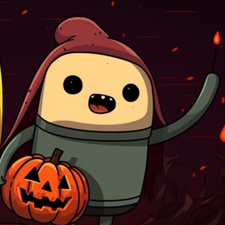 BMO and Lumpy Space Princess in ghost costumes, soft colors and playful mood. adventure time pfp in halloween atmosphere pfp for discord.