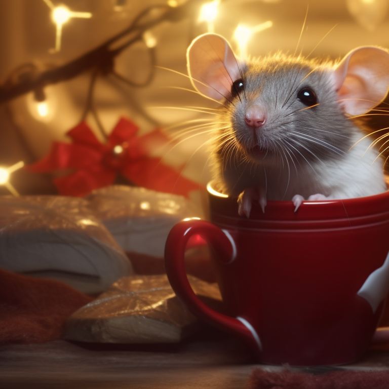 Two characters in a cozy indoor setting, steaming mugs, soft christmas light illumination. festive rodent matching christmas rat pfp pfp for discord.