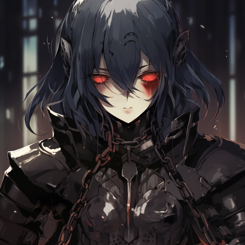 Profile of a stoic Gothic soldier, the jawline, and cheekbones are perfect, his red eyes have a steely glimmer. inspiring gothic anime pfp ideas