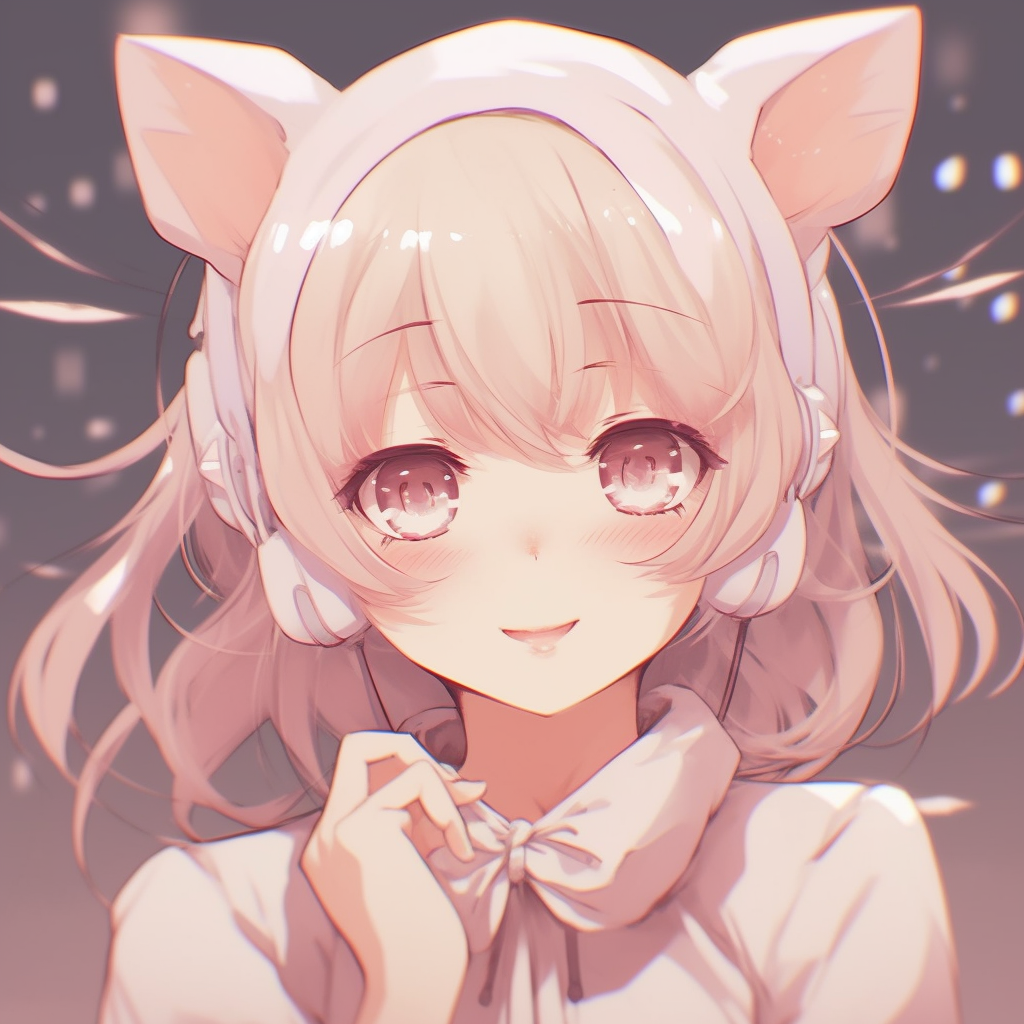 Anime girl sporting cute kitty ears, pastel color palette and soft shading. super cute anime pfp pfp for discord.