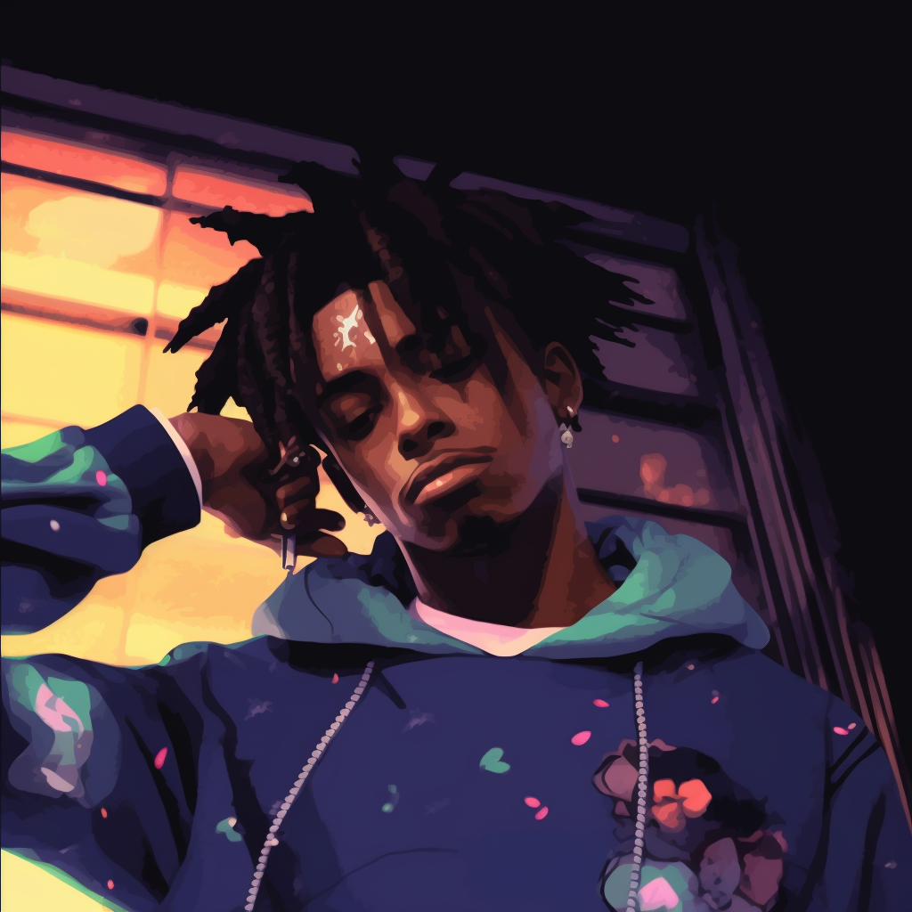 Carti's Anime fan-art, marked by classic anime nuances, with exaggerated features. playboi carti aesthetic anime pfp