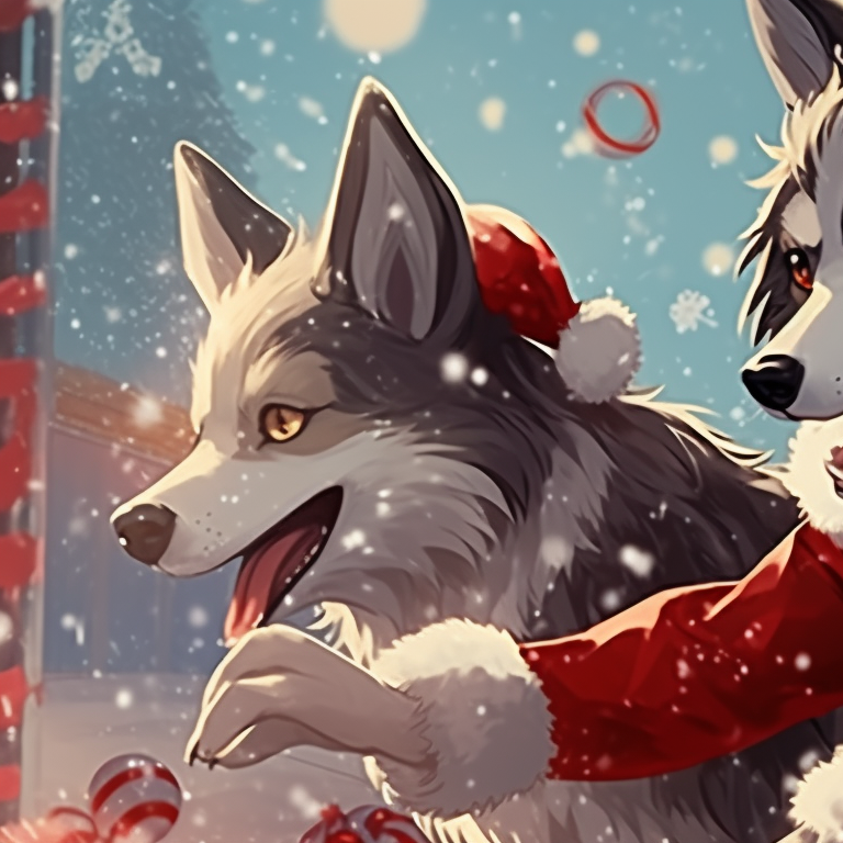 Two wolf characters in mid-run, kinetic lines and graceful curves, amidst a snowy terrain. holiday matching christmas wolf pfp pfp for discord.