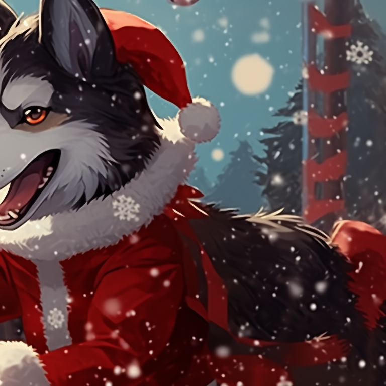 Two wolf characters in mid-run, kinetic lines and graceful curves, amidst a snowy terrain. holiday matching christmas wolf pfp pfp for discord.