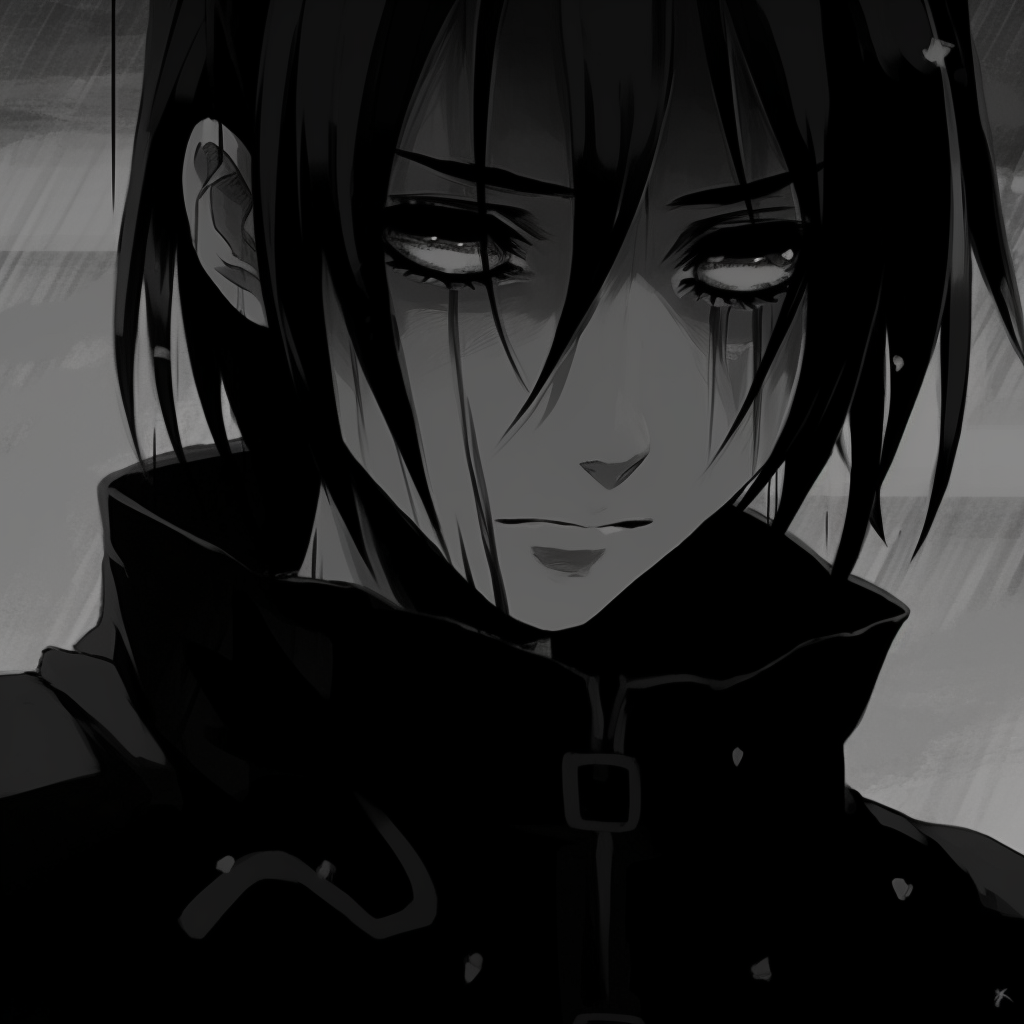 Serene portrait of Itachi, rich blacks with subtle highlights providing depth. stunning black pfp anime pfp for discord.