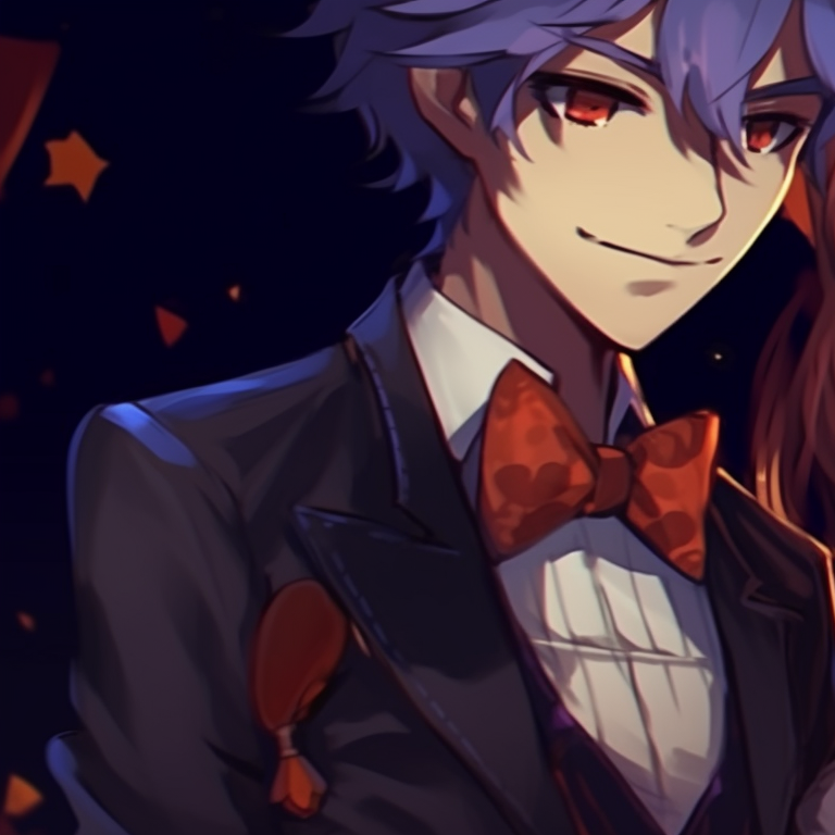 Two characters in witch costumes, detailed patterns and rich colors, broomsticks at their sides. best matching anime couple pfp halloween theme images pfp for discord.